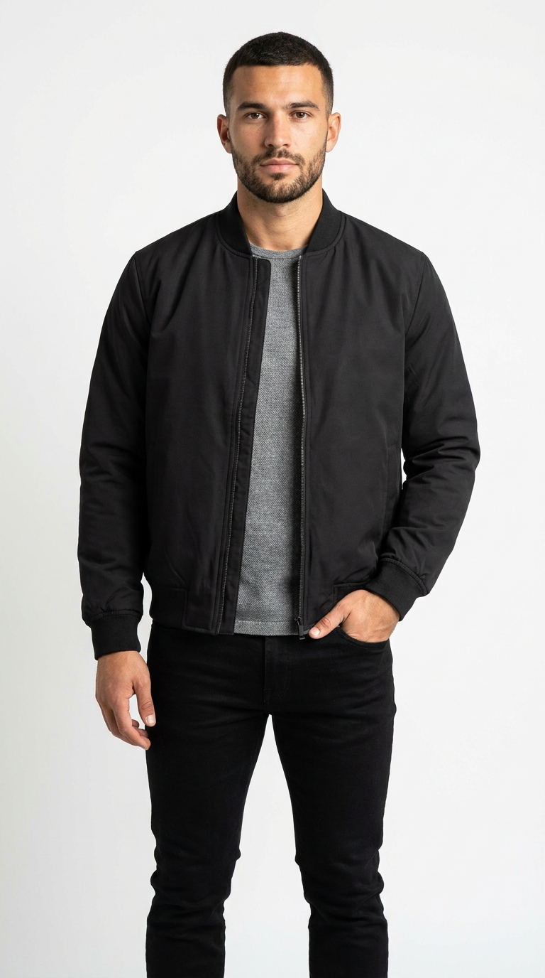 Men's Classic Black Bomber Jacket | Zip-Up Flight Jacket