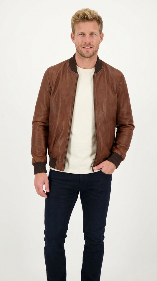 Men's Brown Vegan Leather Bomber Jacket | Vintage Zip-Up Jacket