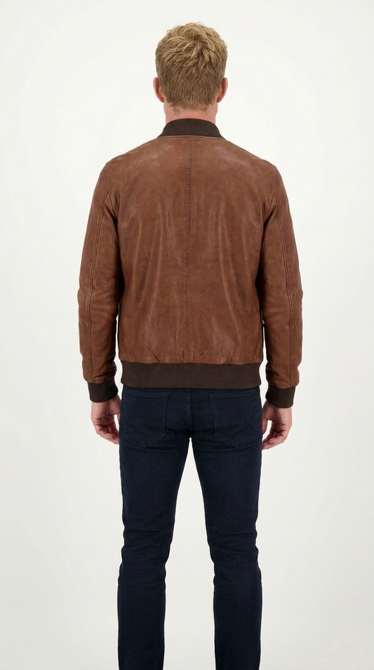 Men's Brown Vegan Leather Bomber Jacket | Vintage Zip-Up Jacket