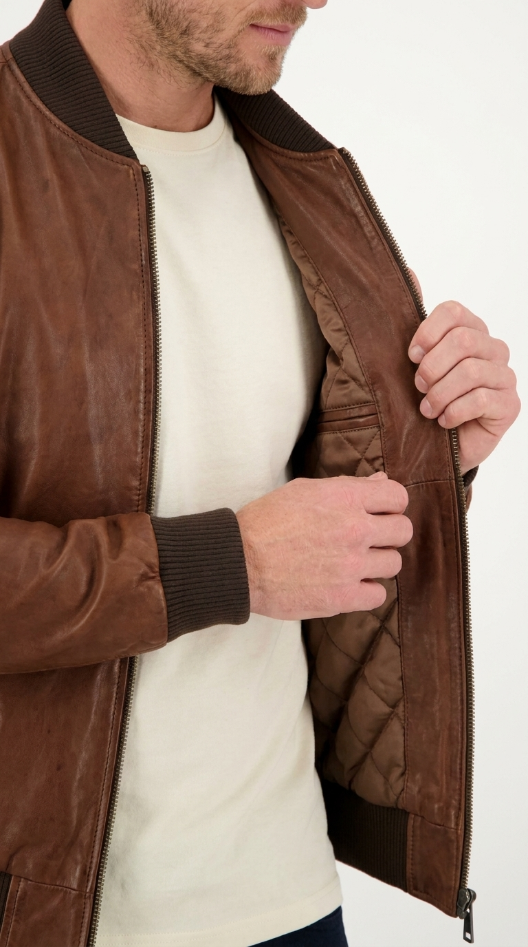 Men's Brown Vegan Leather Bomber Jacket | Vintage Zip-Up Jacket