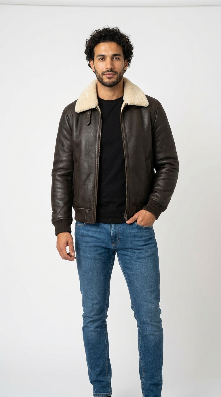Men's Aviator Jacket with Shearling Collar | Vegan Leather Flight Jacket