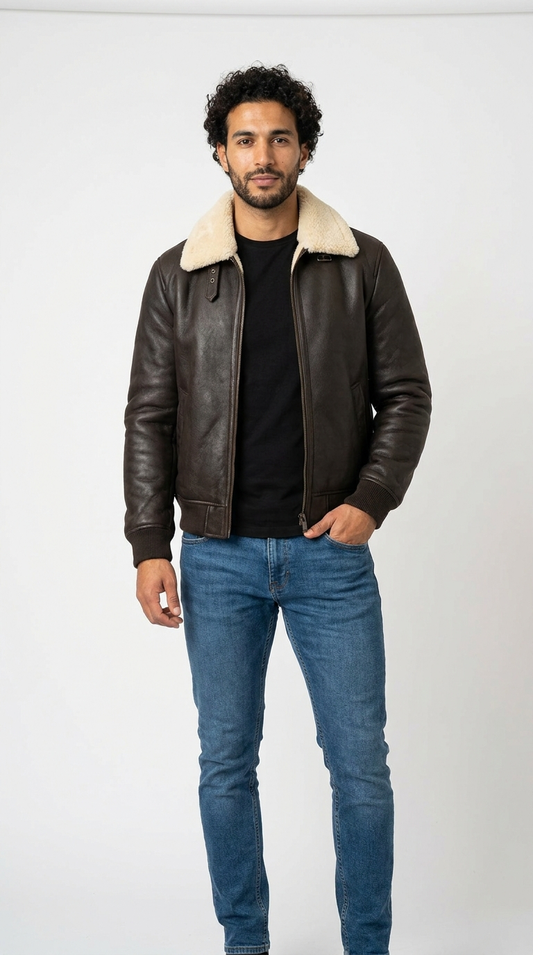 Men's Aviator Jacket with Shearling Collar | Vegan Leather Flight Jacket