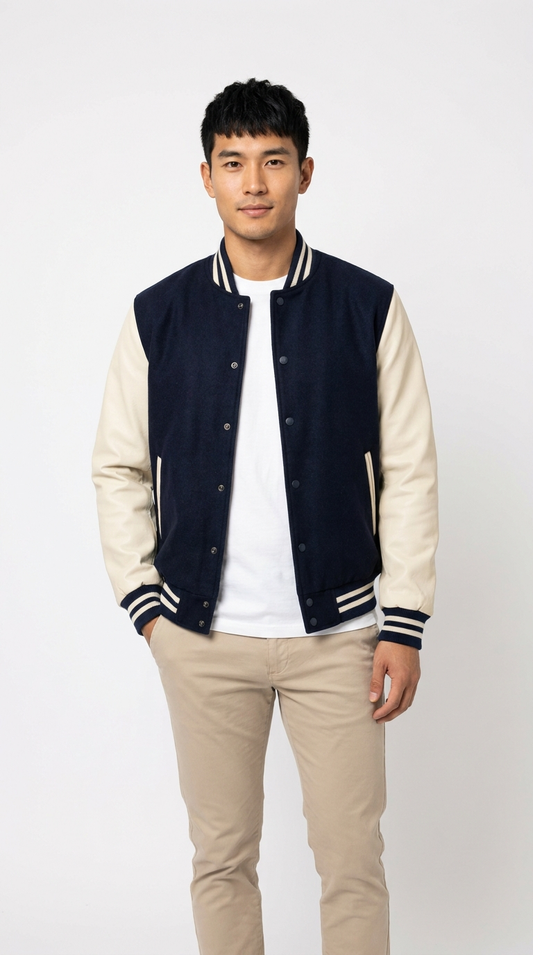 Men's Navy Varsity Jacket | Classic Two-Tone Baseball Bomber